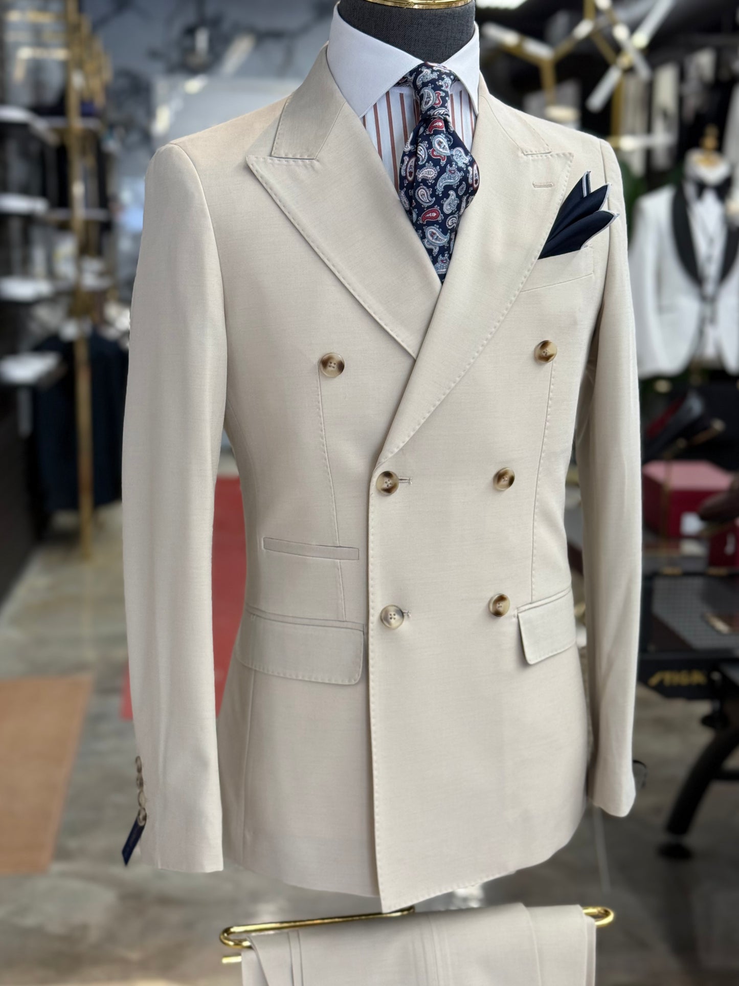 Light Tan Double-Breasted Suit Stretch