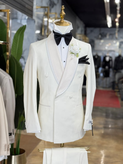 Ivory White Modern Fit Tuxedo Double Breasted Shawl Lapel