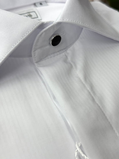 White Tonal Stripe 100% Bamboo Cotton Tuxedo Shirt • French Cuffs