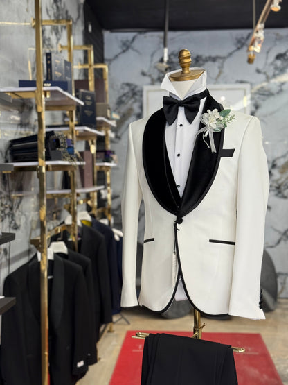 Off White Shawl Lapel Velvet Edition