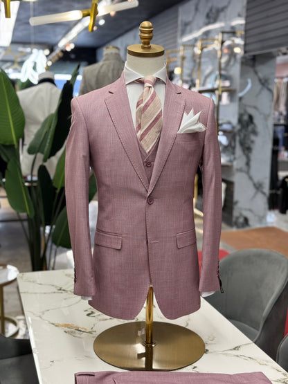 Rose Pink Textured Three Pieces Vested Suit