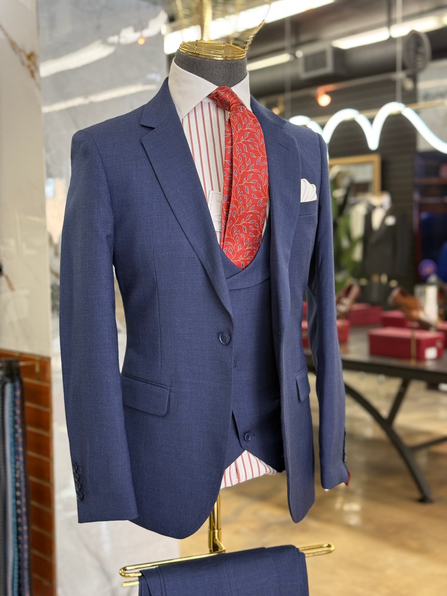Blue Three Pieces Vested Suit