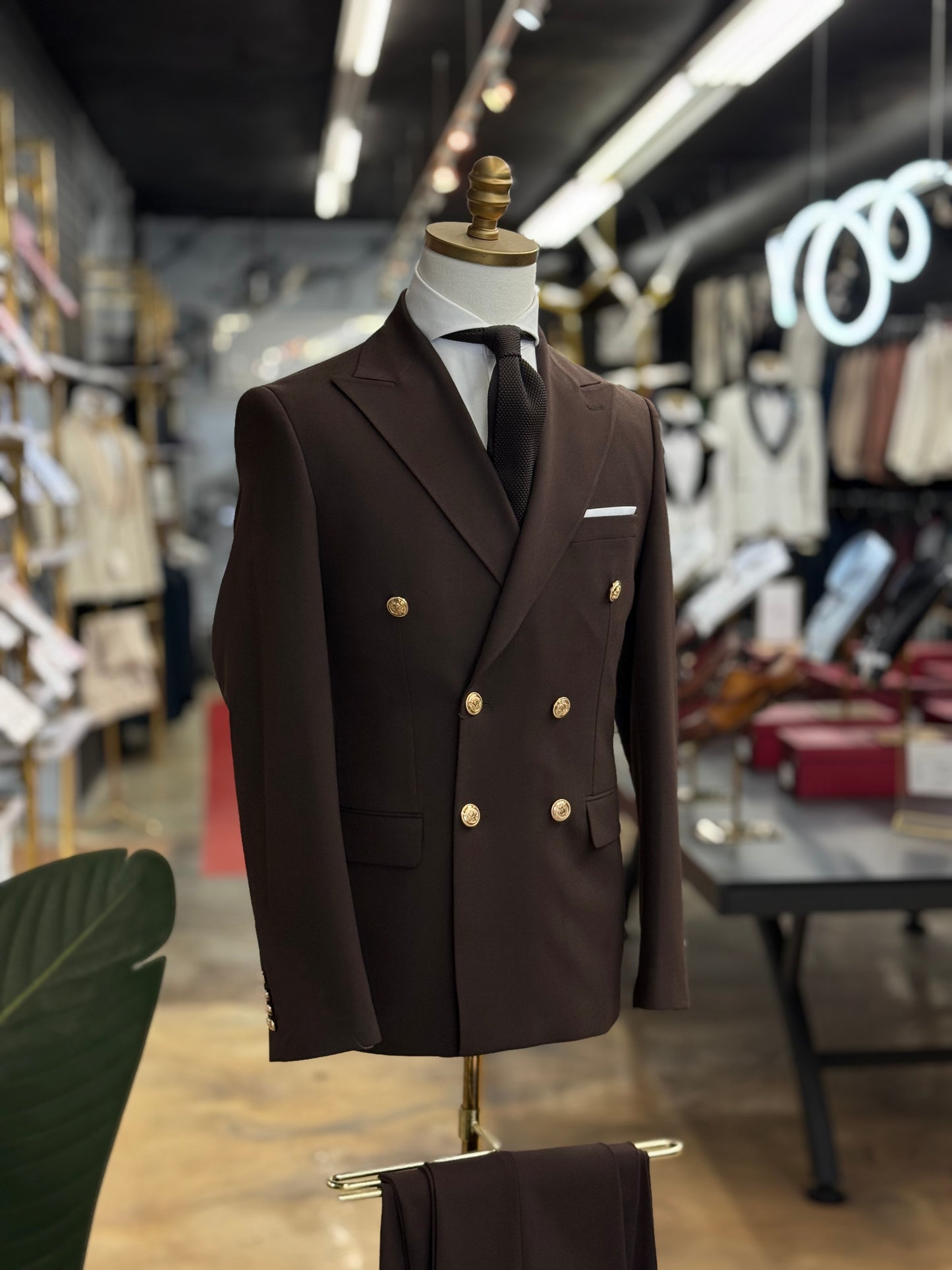 Chocolate Double Breasted | Gold buttons. Euro Suit