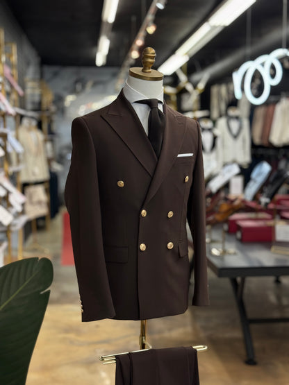Chocolate Double Breasted | Gold buttons. Euro Suit