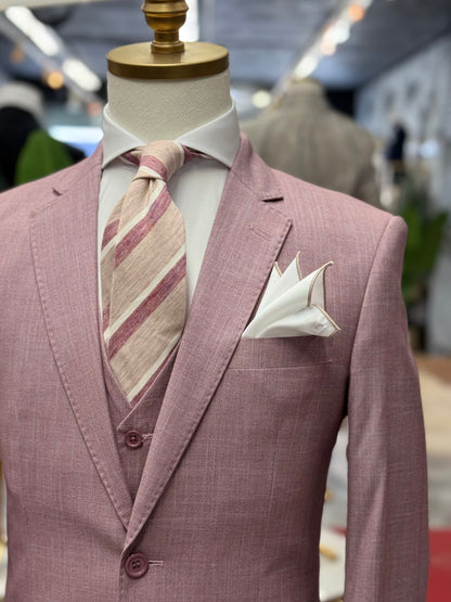 Rose Pink Textured Three Pieces Vested Suit