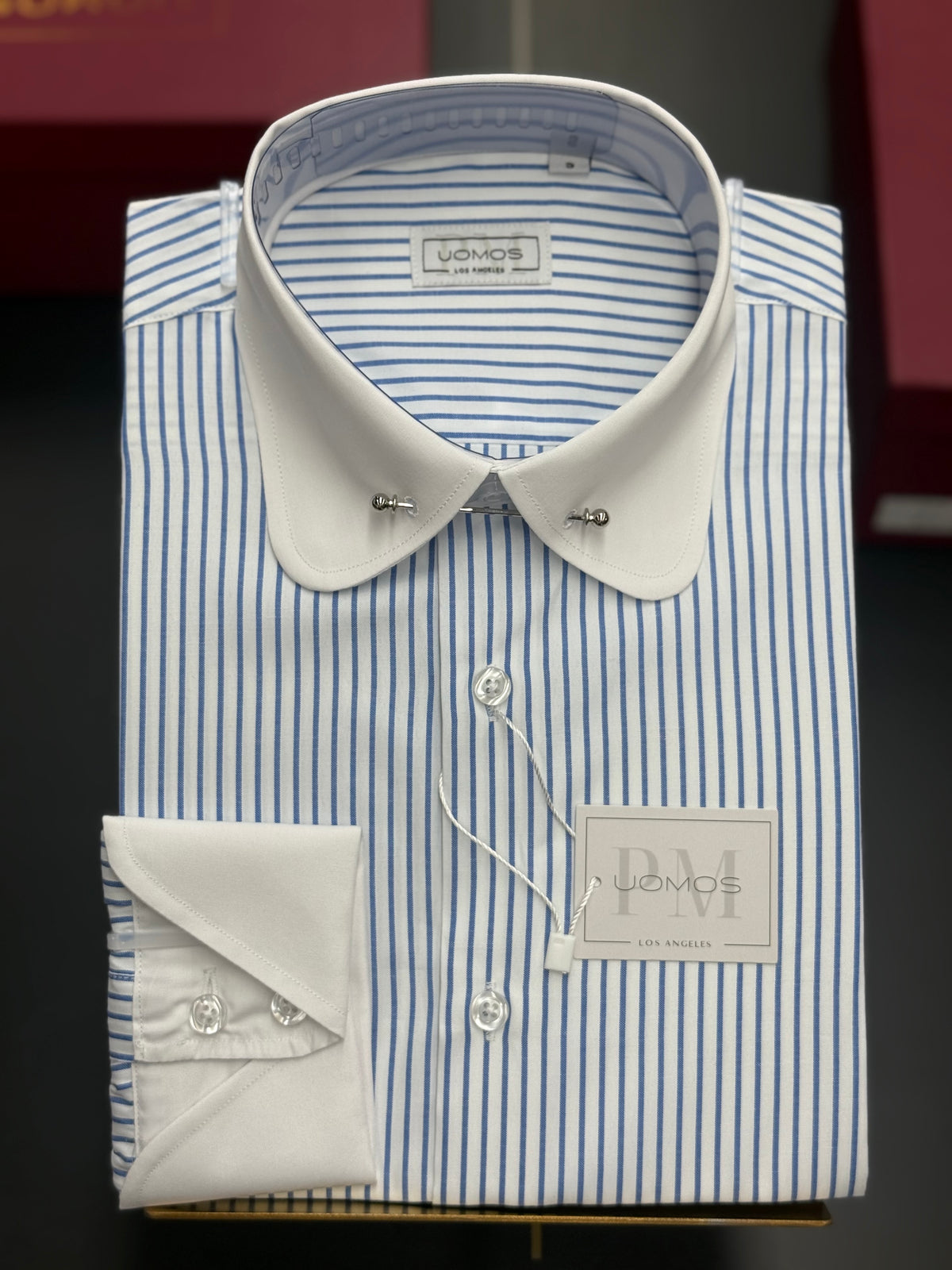 White & Blue Stripe Club Pin Collar Shirt with Neapolitan Cuffs