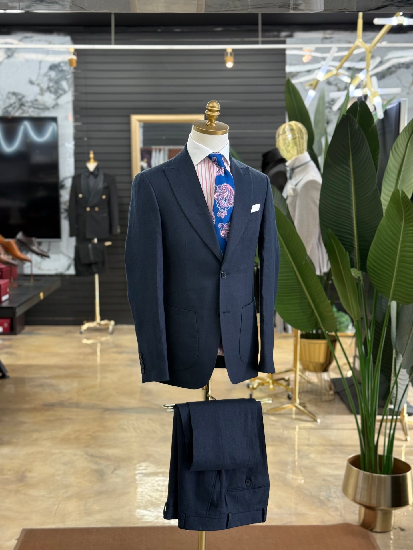 Navy Linen Two Pieces Wide Peak Lapel Suit