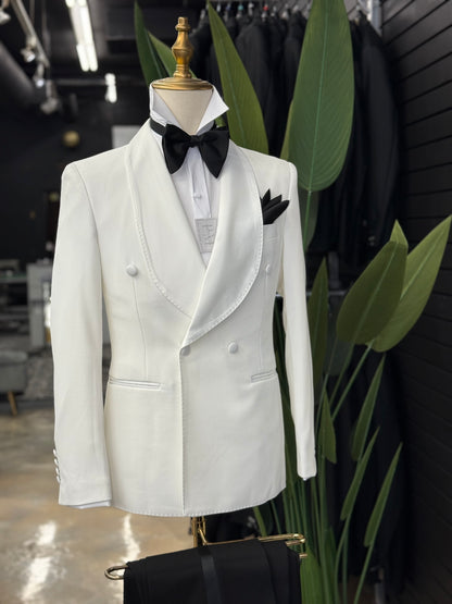 Off White Shawl Lapel Tuxedo Double Breasted