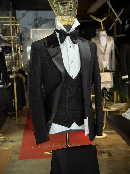 Black Glitter Peak Lapel Tuxedo – Luxury 3 Piece
