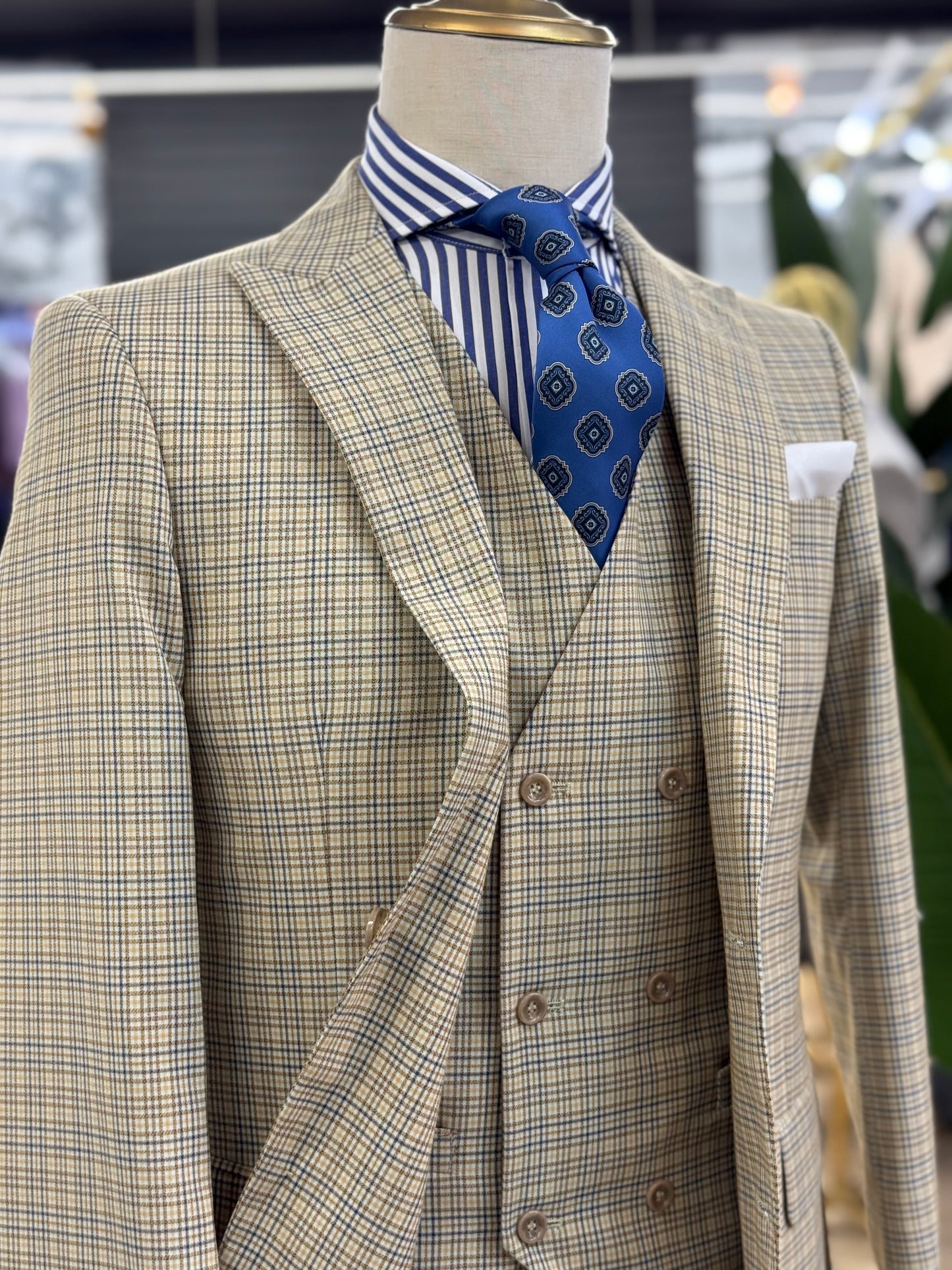 Light Beige with Blue & Brown Check Pattern Three Pieces Vested Suit