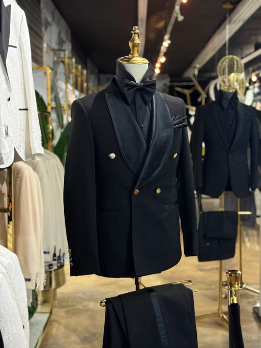 Black Shawl Lapel & Gold buttons Tuxedo Double Breasted