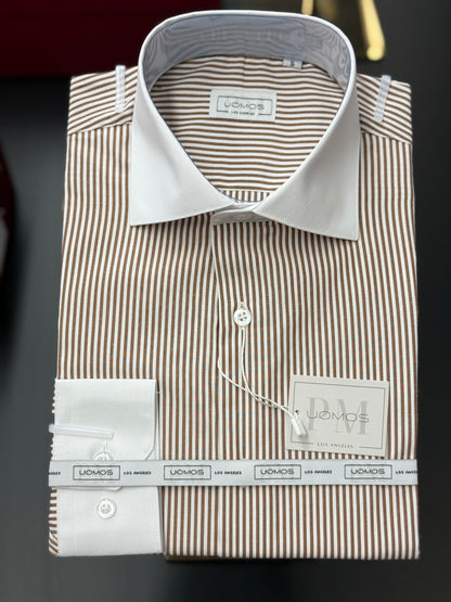 Brown Stripe Contrast White Collar Shirt