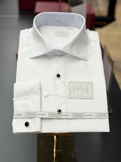 Tuxedo White shirt, tuxedo buttons, spread collar, french cuffs.