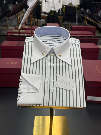 White & Black Stripe Point Pin Collar Shirt with Neapolitan Cuffs
