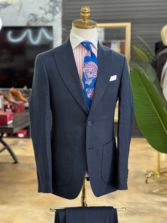 Navy Linen Two Pieces Wide Peak Lapel Suit