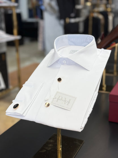 White Cotton Piqué Tuxedo Shirt with Gold Buttons