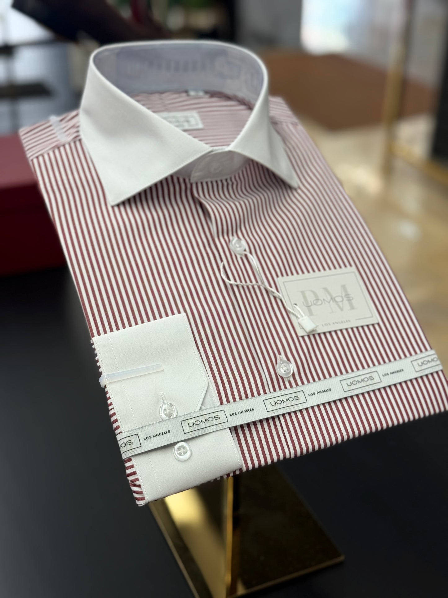 Burgundy Stripe Contrast White Collar Shirt