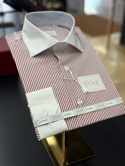 Burgundy Stripe Contrast White Collar Shirt