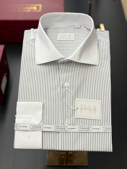 Silver Grey Stripe Contrast White Collar Shirt