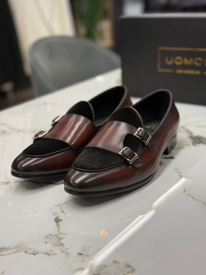 Uomos Brown Bordeaux Leather double monk velvet loafers
