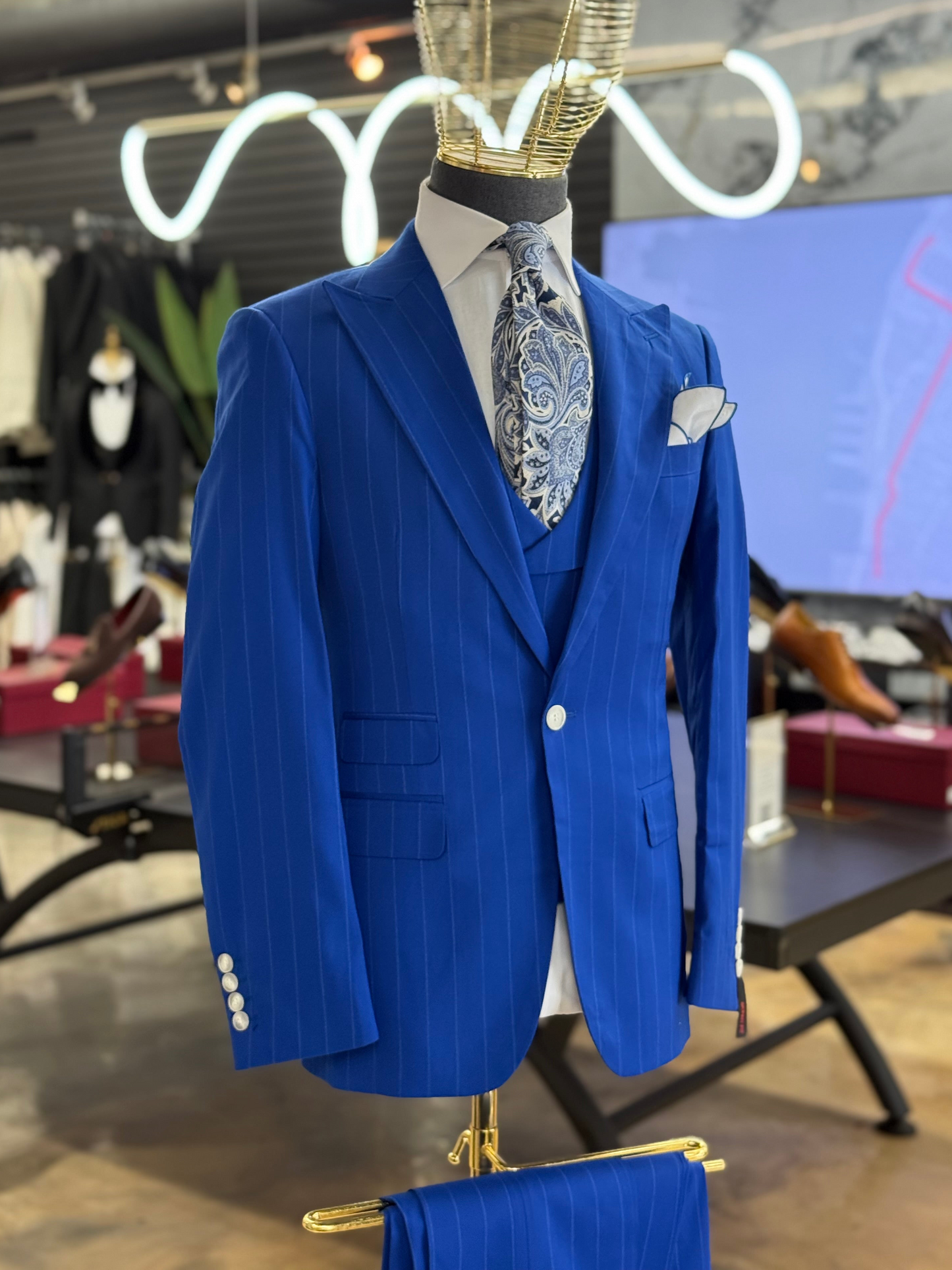 Royal Cobalt Blue Pinstripe 
Wide Peak Lapel Suit