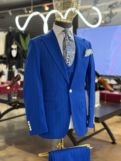 Royal Cobalt Blue Pinstripe 
Wide Peak Lapel Suit