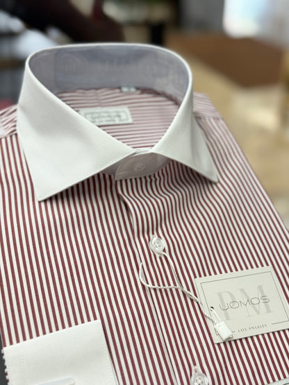 Burgundy Stripe Contrast White Collar Shirt
