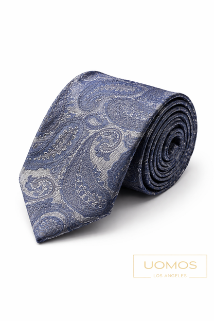 Necktie Big Paisley Silver Deep Grey & Navy Blue