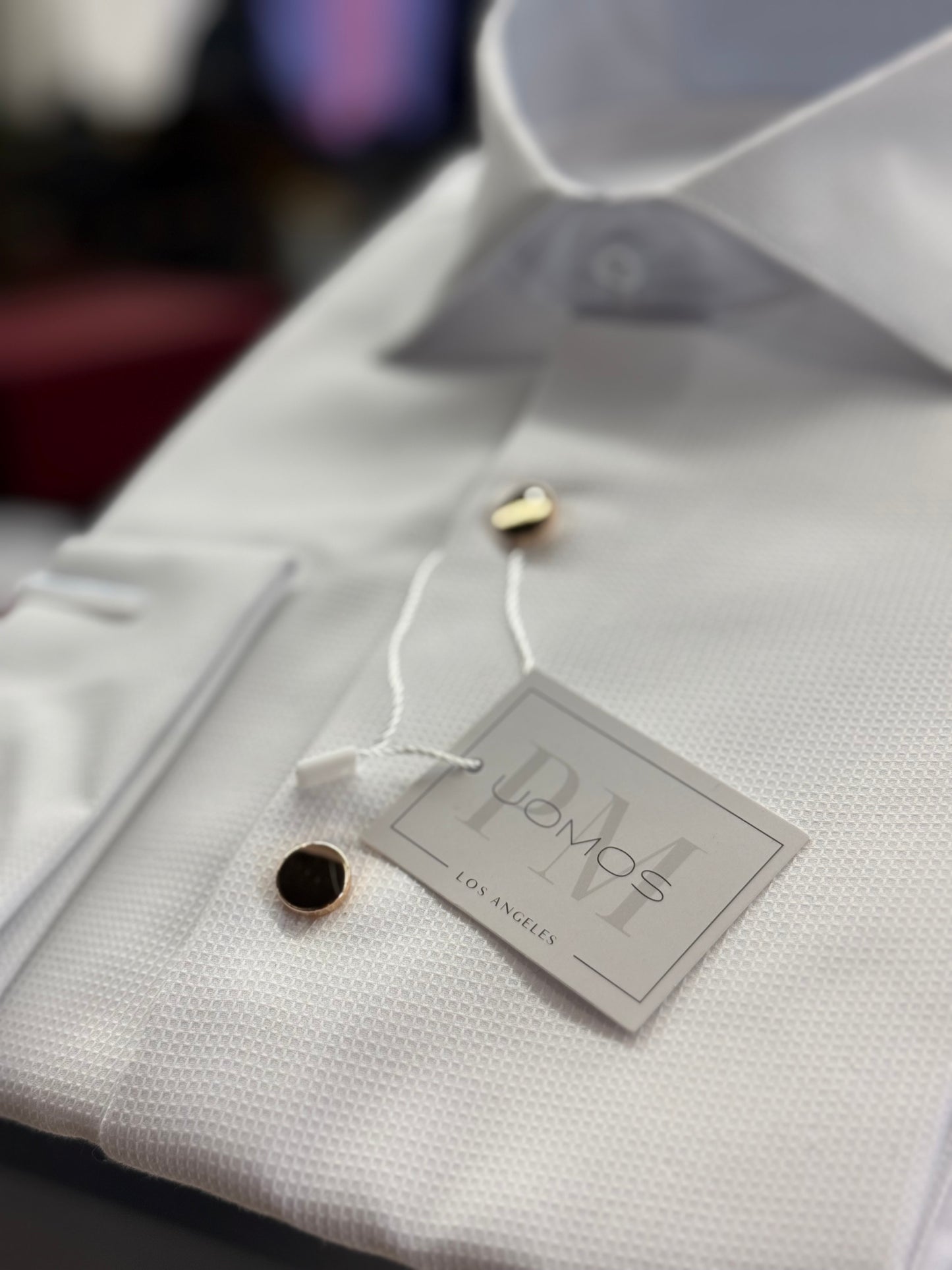 White Cotton Piqué Tuxedo Shirt with Gold Buttons