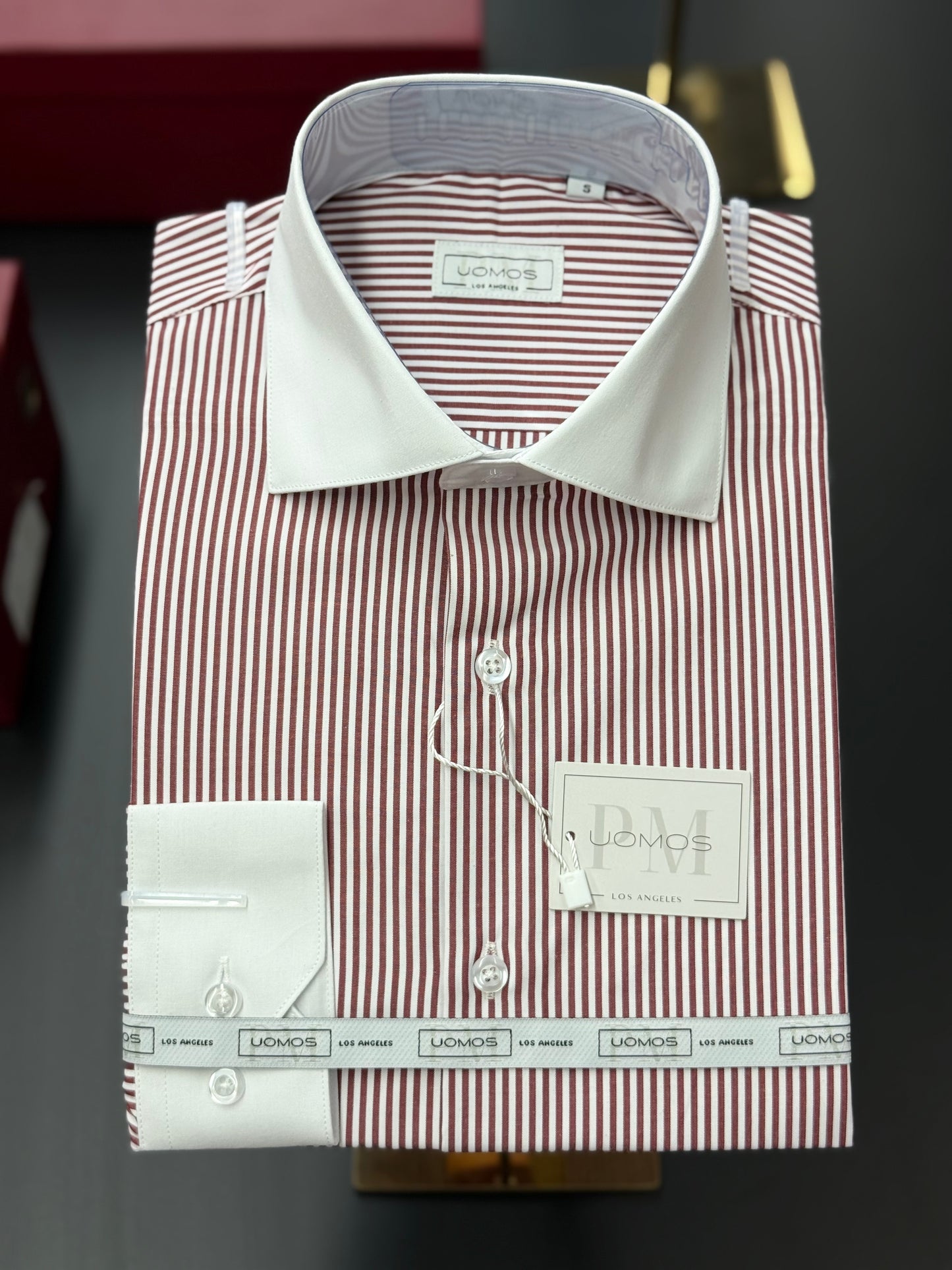 Burgundy Stripe Contrast White Collar Shirt