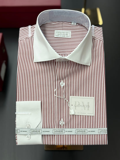 Burgundy Stripe Contrast White Collar Shirt