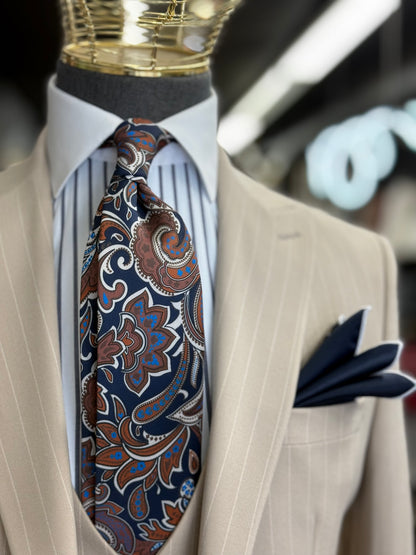Necktie Big Paisley Mid night blue, Rust and Tan