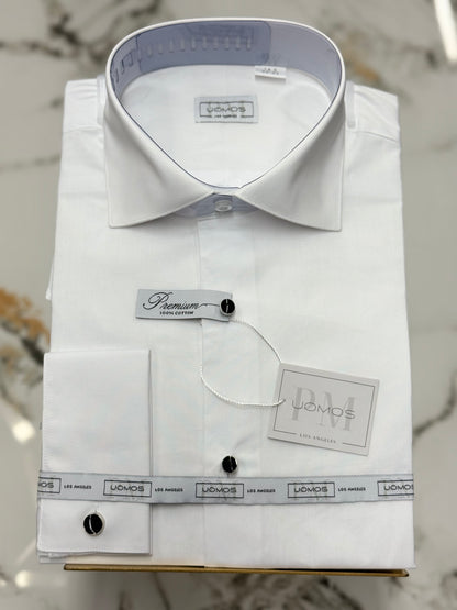 Tuxedo 100% Cotton White shirt, tuxedo buttons, spread collar, french cuffs.