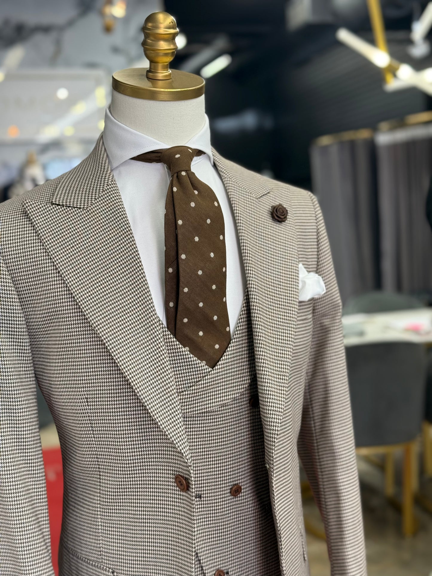 Chocolate & Beige Micro Houndstooth Wide Peak Lapel Suit