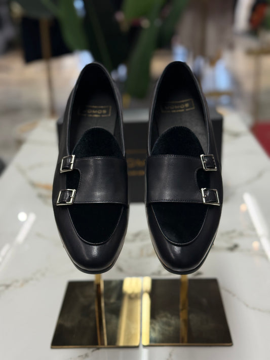 Uomos Black Leather double monk velvet loafers
