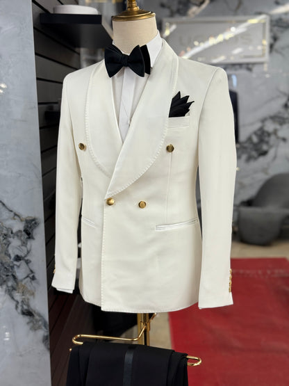 Off White Shawl Lapel & Gold buttons Tuxedo Double Breasted