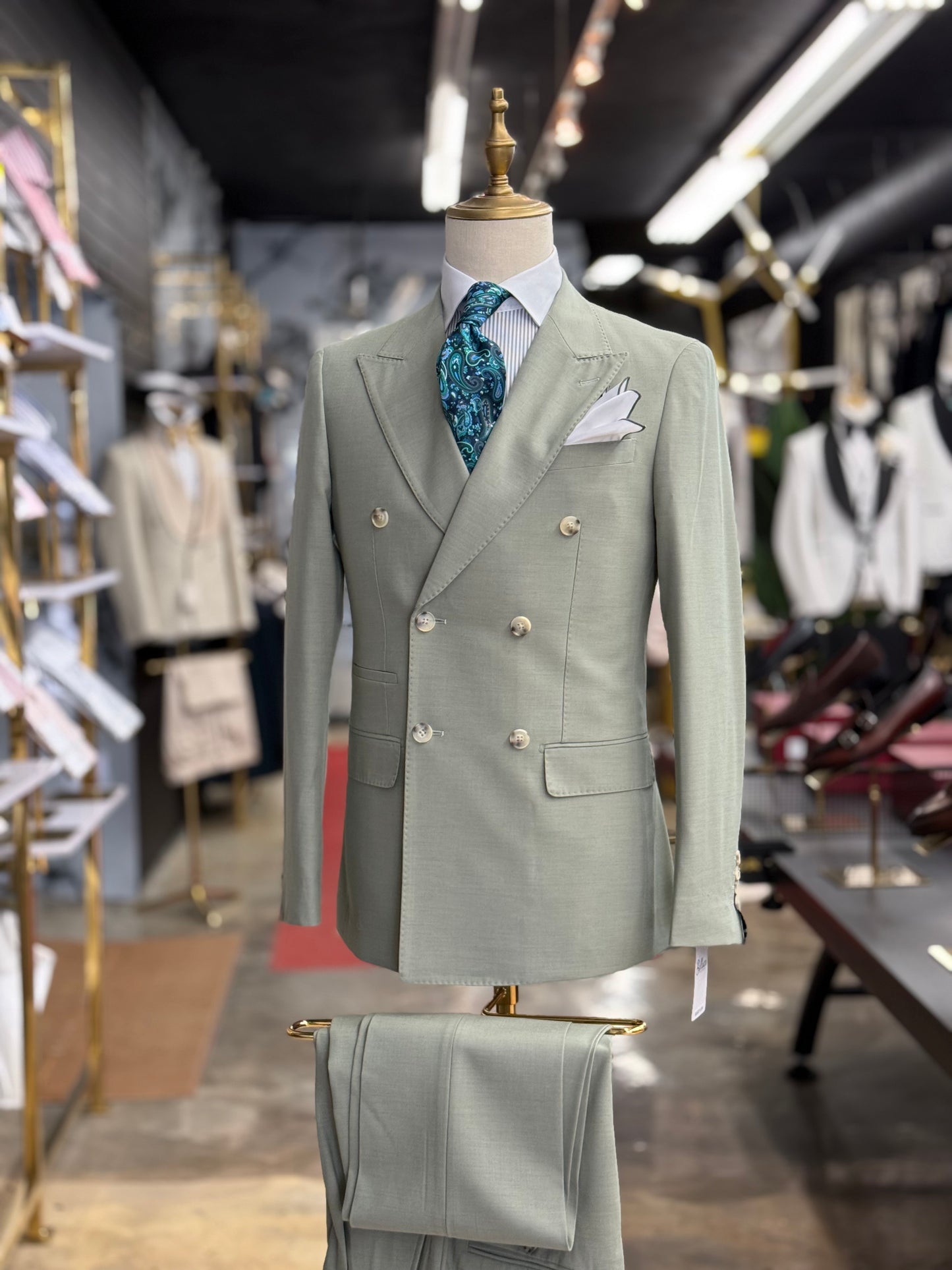 Sage Green Double-Breasted Suit Stretch