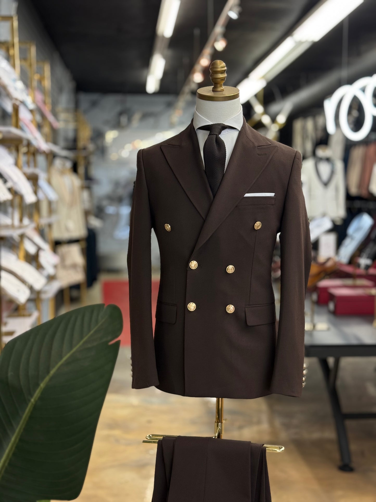 Chocolate Double Breasted | Gold buttons. Euro Suit