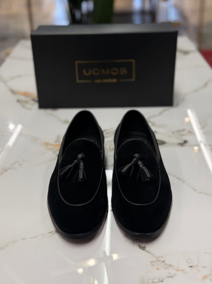 UOMOS Black blue suede tassel loafers