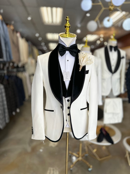 Off White Shawl Lapel Velvet Edition