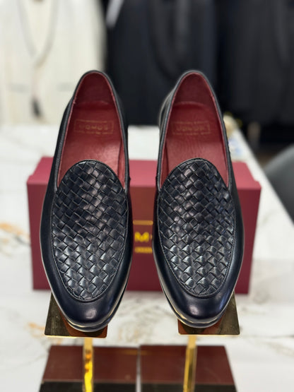 UOMOS Black leather knitted top loafers