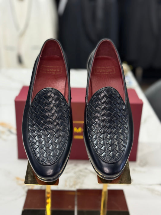 UOMOS Black leather knitted top loafers