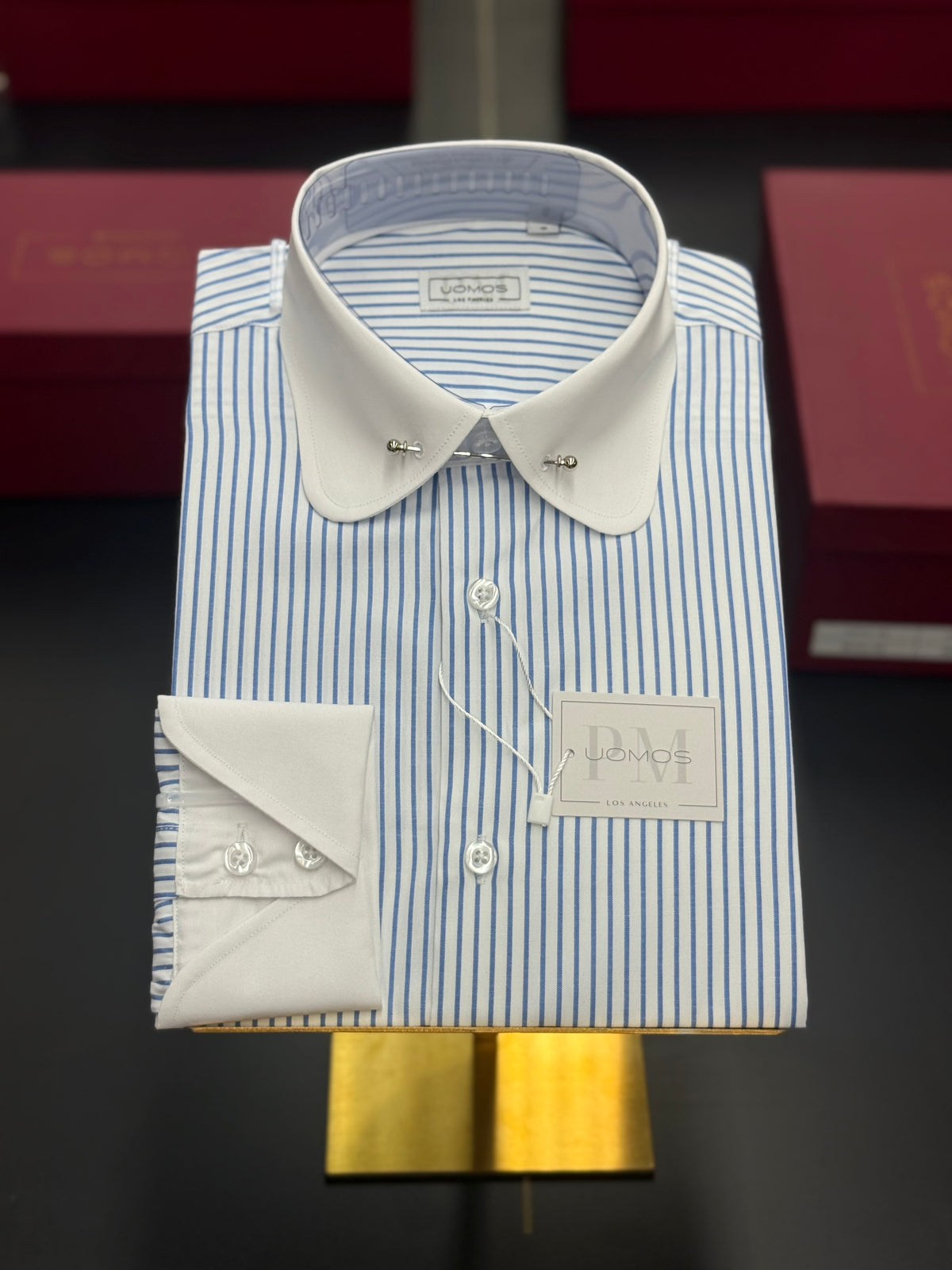 White & Blue Stripe Club Pin Collar Shirt with Neapolitan Cuffs
