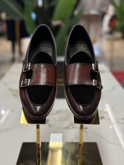 Uomos Brown Bordeaux Leather double monk velvet loafers