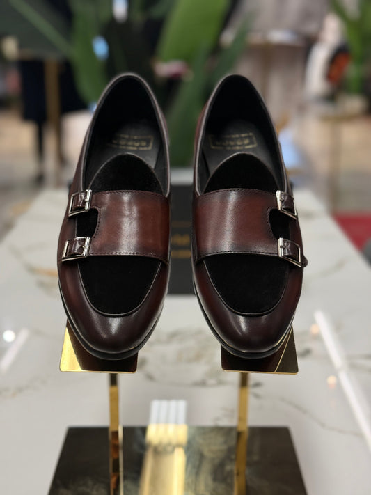 Uomos Brown Bordeaux Leather double monk velvet loafers