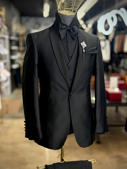 Black Shiny Lustrous Shawl Lapel Black Tuxedo