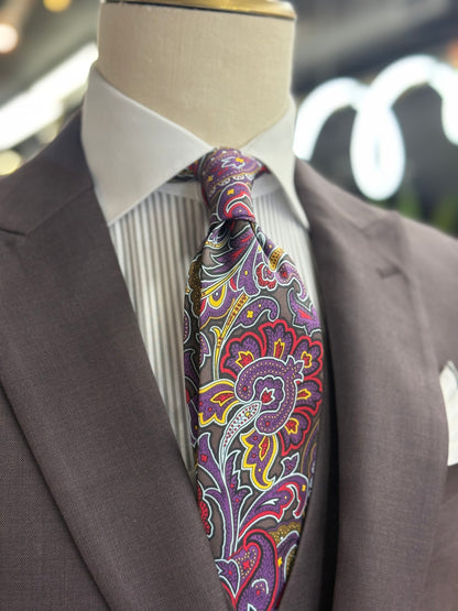 Necktie Bold Paisley Purple pattern with charcoal, red, gold, and ivory