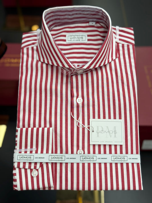 White and Red striped cut-away cotton shirt slim