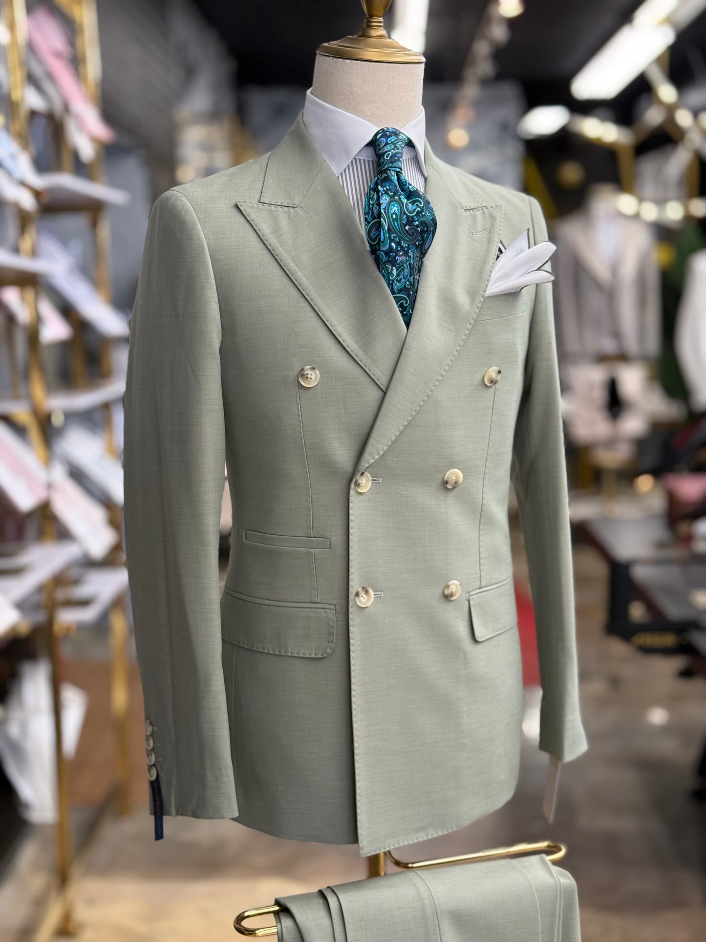 Sage Green Double-Breasted Suit Stretch