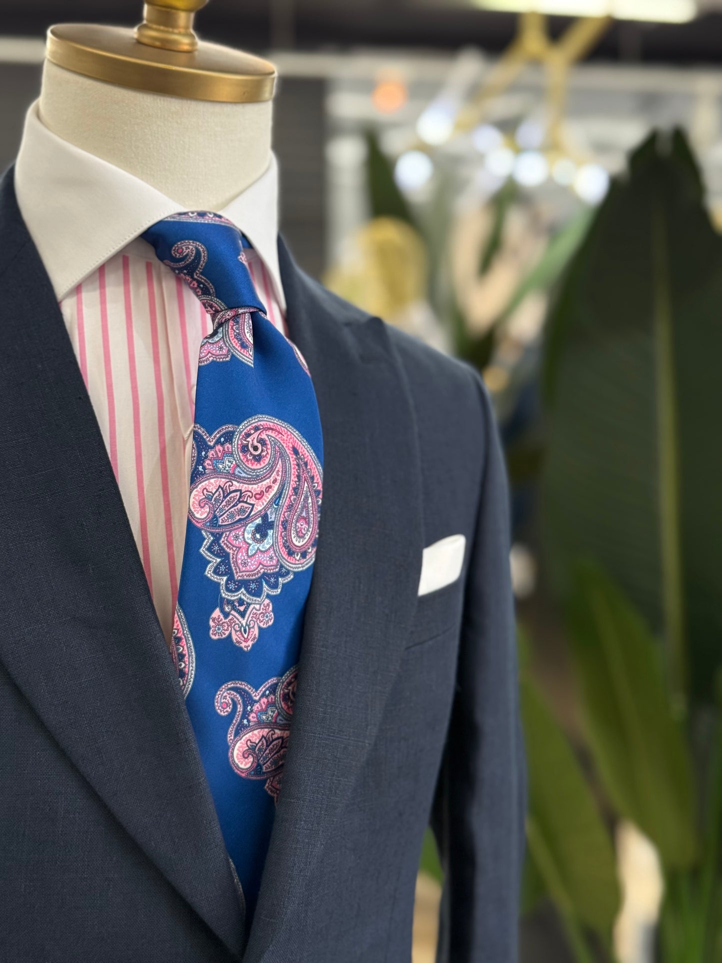 Navy Linen Two Pieces Wide Peak Lapel Suit